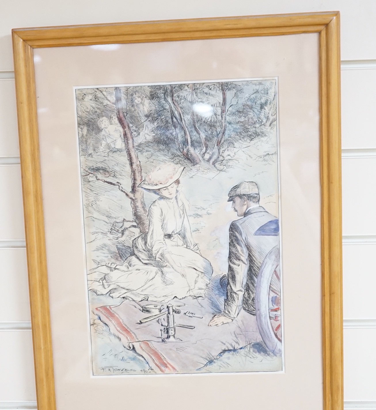 Frederick Henry Townsend (1868-1920), ink and watercolour, Motoring breakdown cartoon, signed and dated 1905, 34 x 22cm